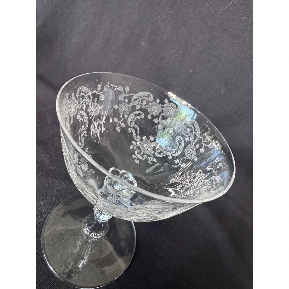 Vintage Etched Crystal Champagne Coupes Set of 4 Floral Scroll Cocktail Glasses